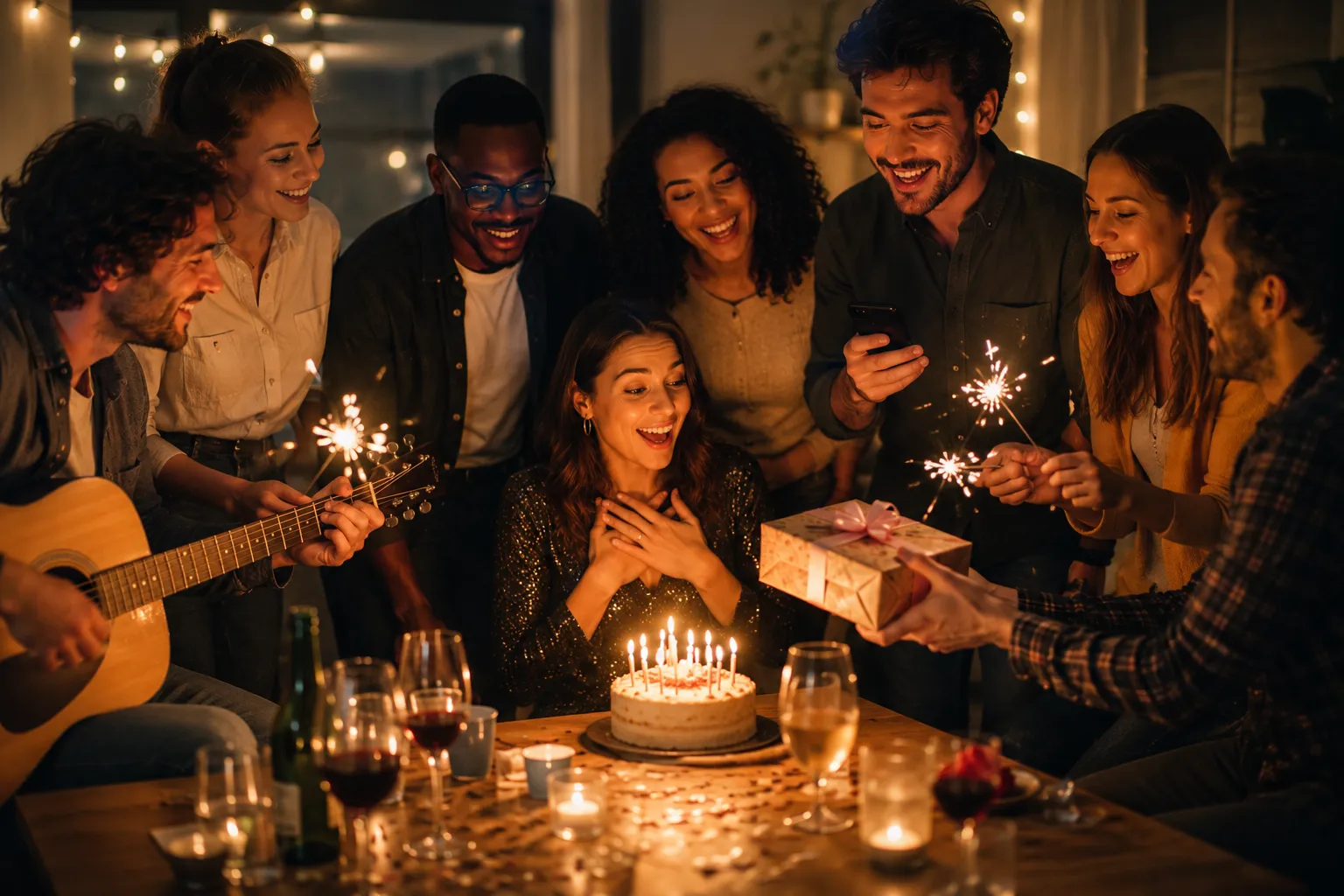 Chanson d'anniversaire personnalisée : amis fêtant un anniversaire avec gâteau, guitare et cierges magiques
