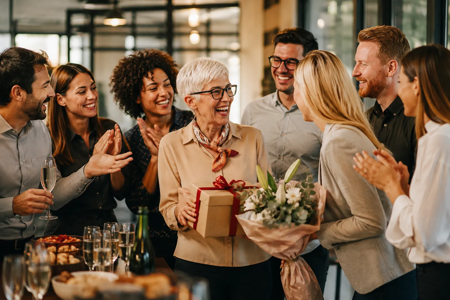 Chanson personnalisée pour une retraite : collègues fêtant un départ avec cadeau et bouquet