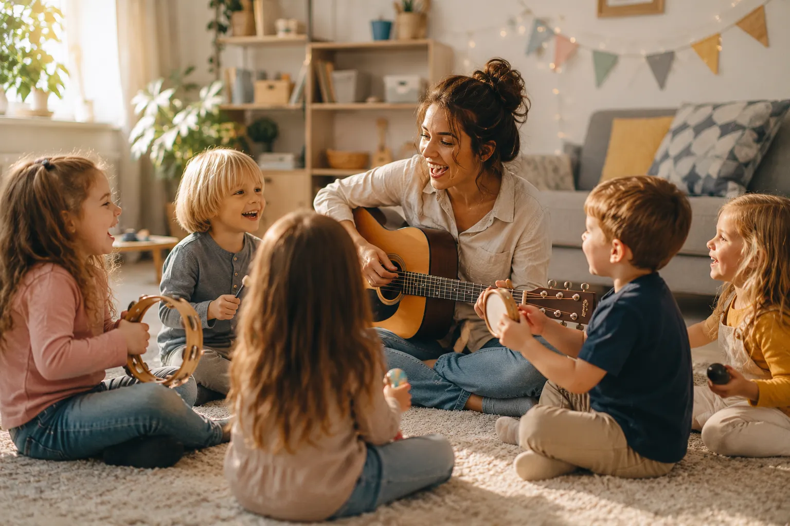 Custom kids song: children singing along to a guitar