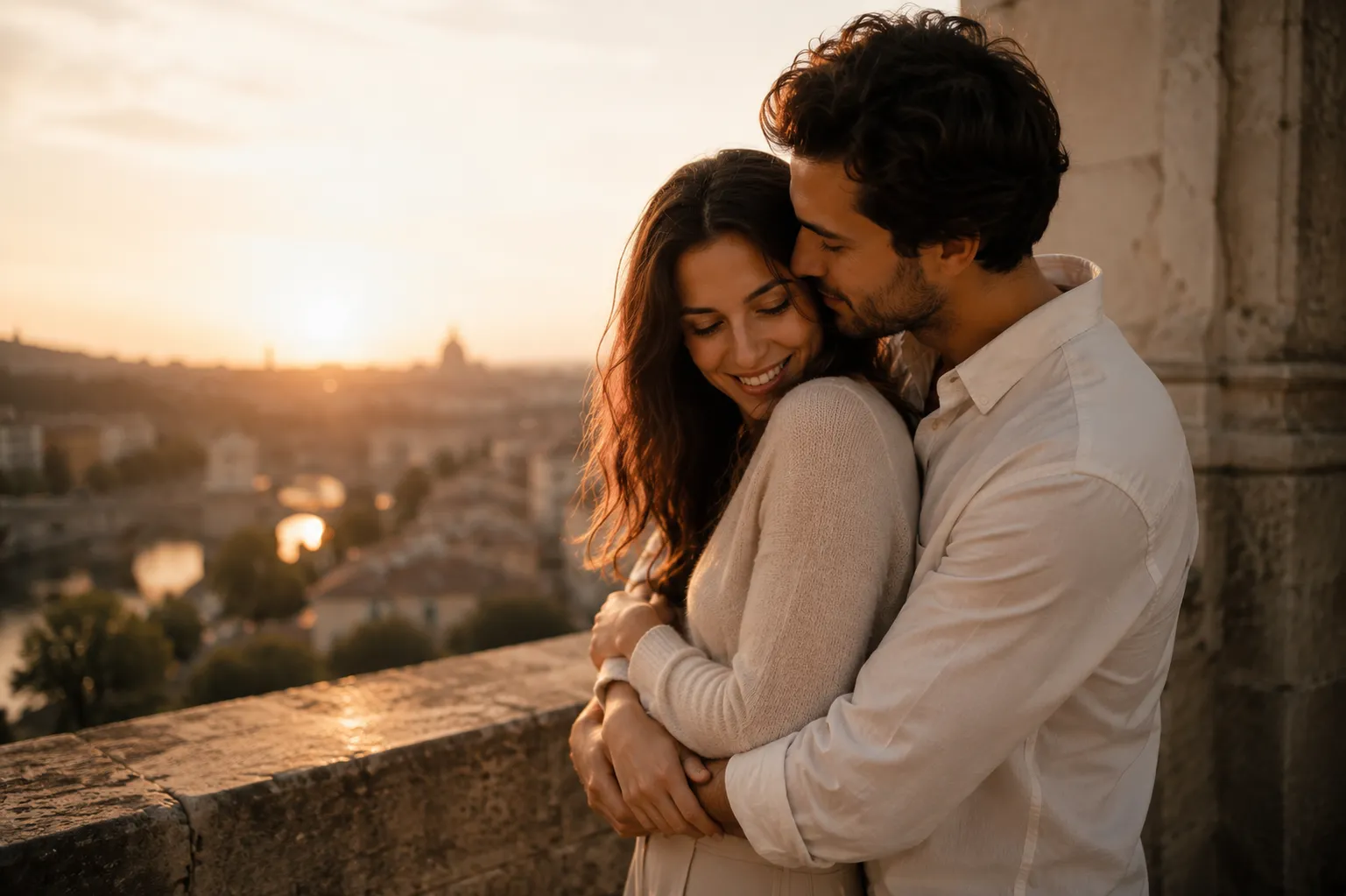 Custom love song: couple embracing at sunset