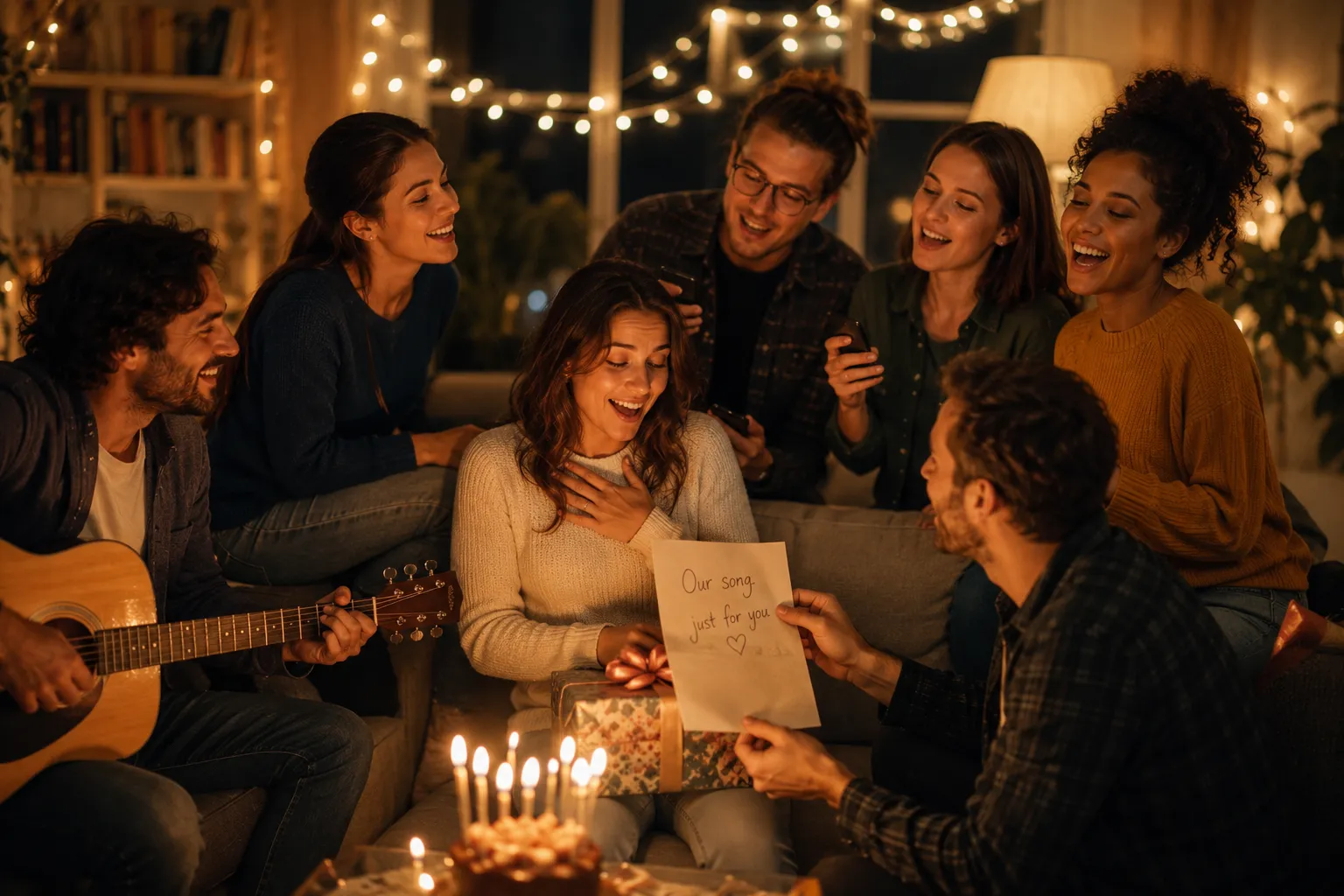 Custom song given as a gift: friends gathered around a cake with a guitar
