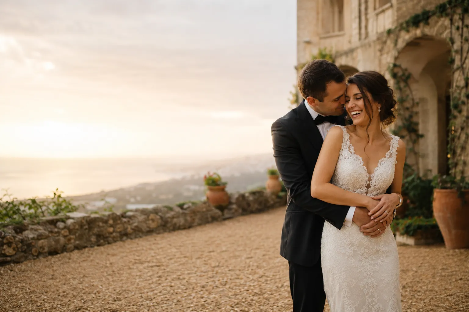 Custom wedding song: newlyweds embracing at sunset